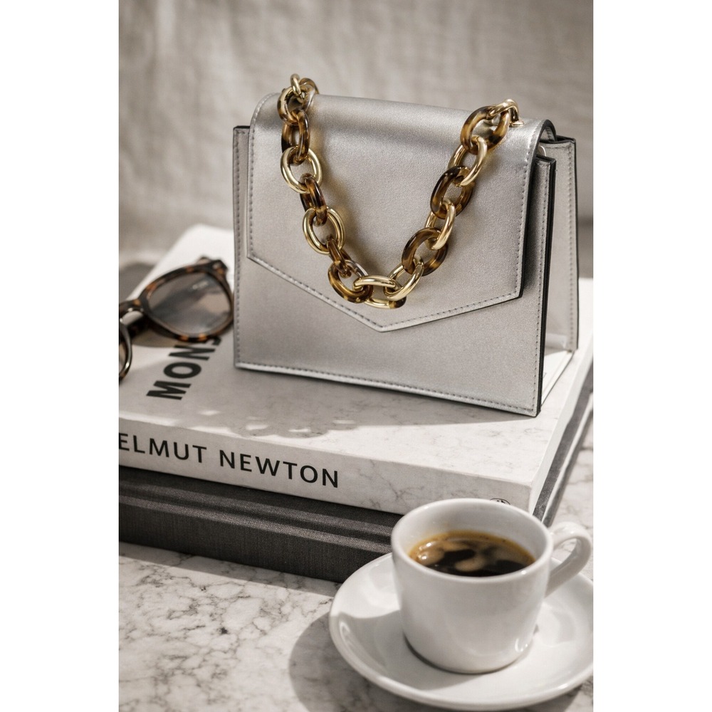 MoMA Metallic Silver Handbag Tortoise Chain Strap Statement Mini Purse